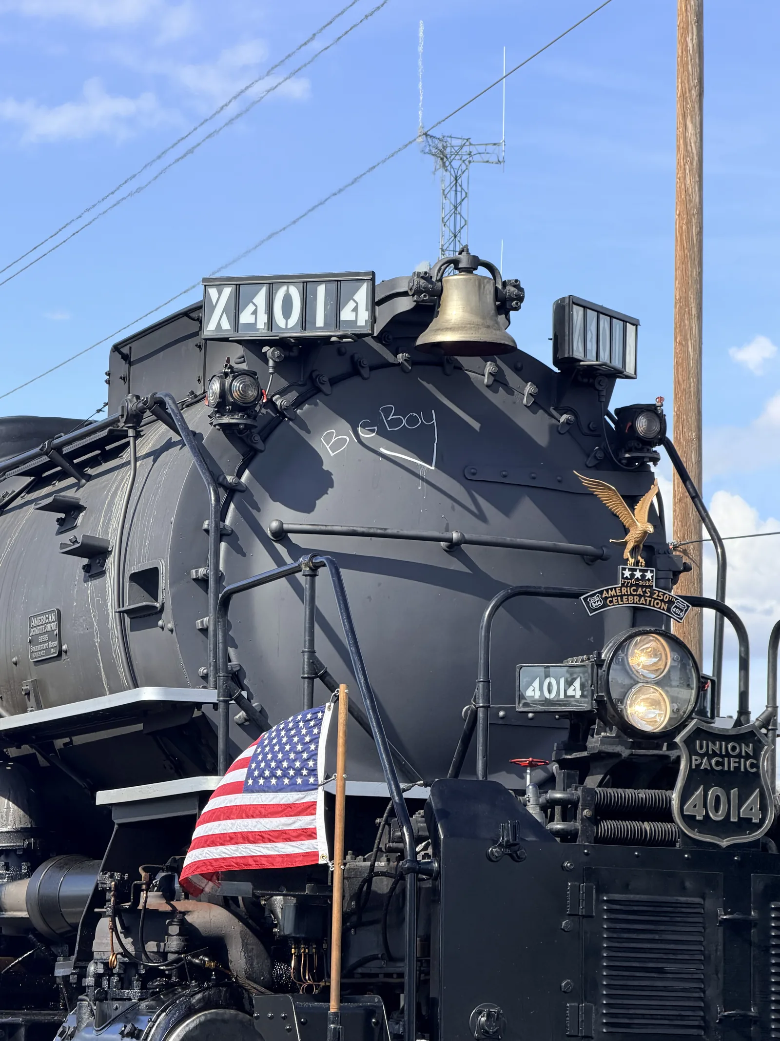 Close view of Union Pacific Big Boy No. 4014 with chalk lettering that reads Big Boy.