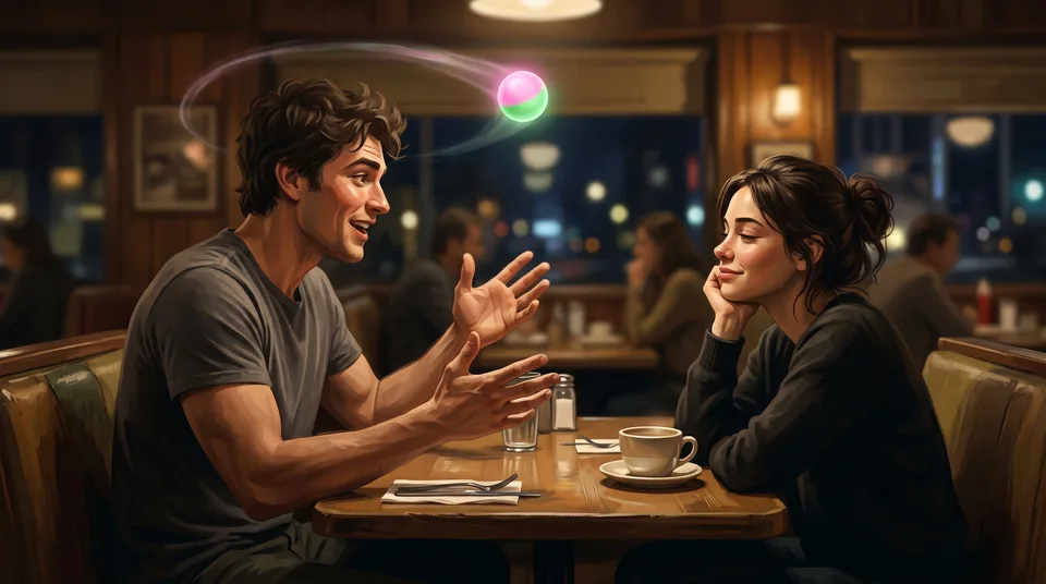 A man at a diner table gestures with both hands mid-explanation while a small glowing pink-and-green sphere orbits his head; across from him a woman rests her chin on her hand, smiling.
