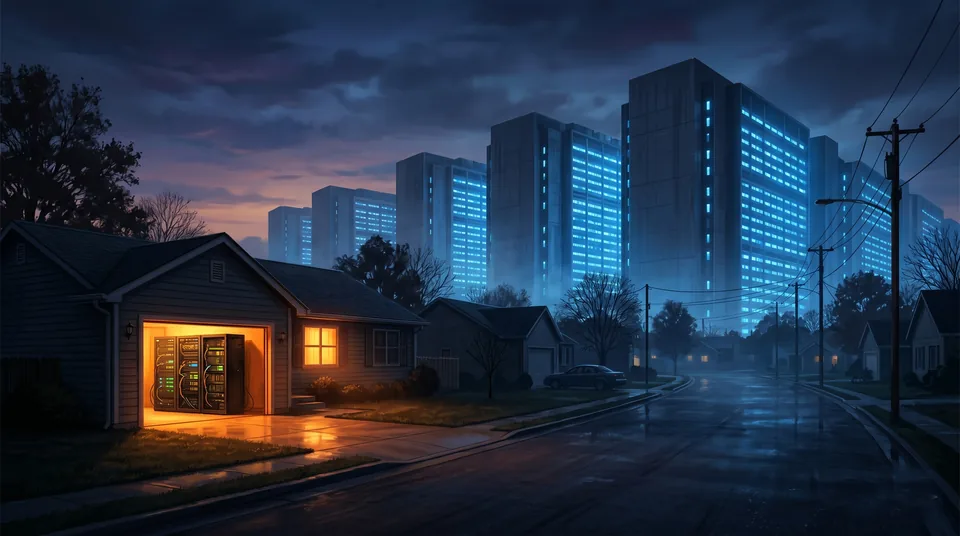 A rain-slick suburban street at night: cold blue-lit corporate data-center towers loom on the horizon while one small house has an open garage glowing warm amber, a GPU rack visible inside.