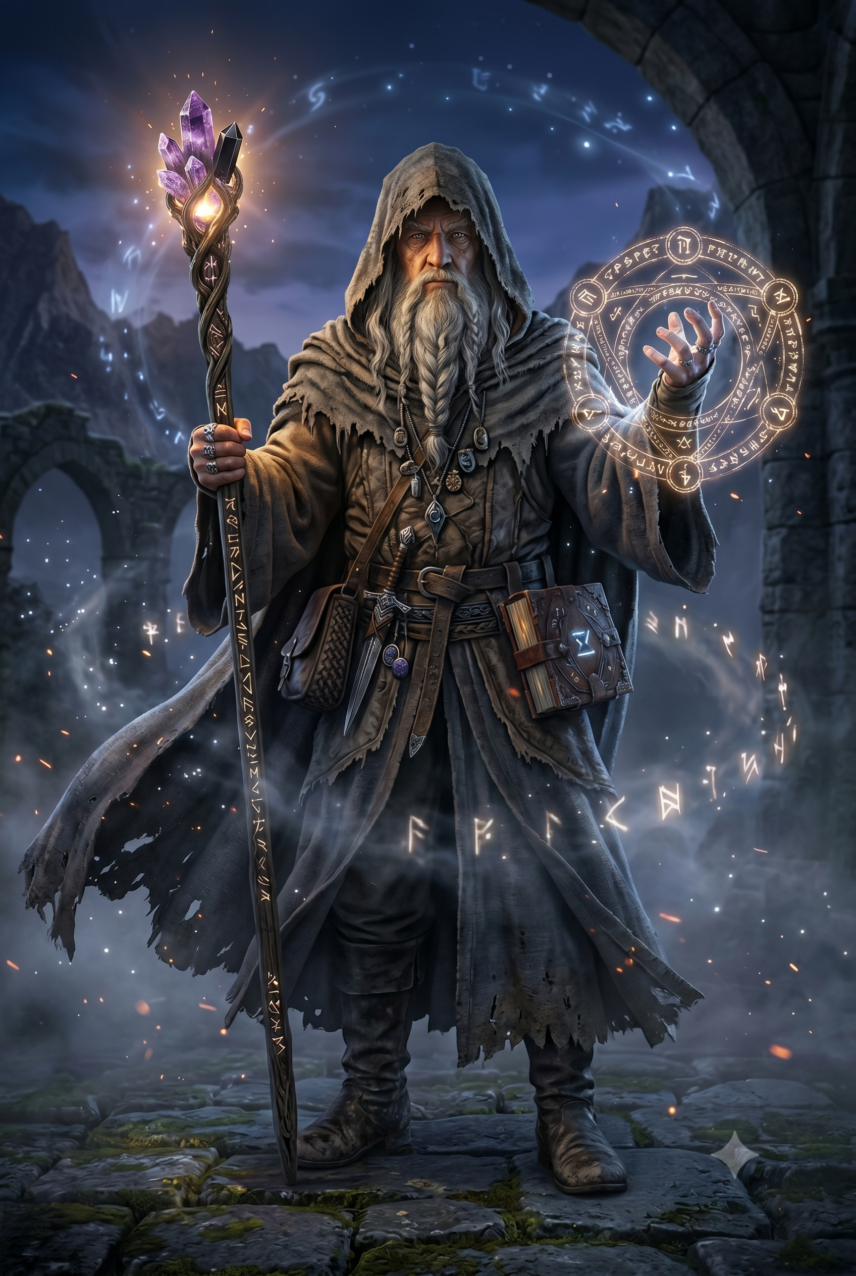Sindor — full figure with staff and spellbook