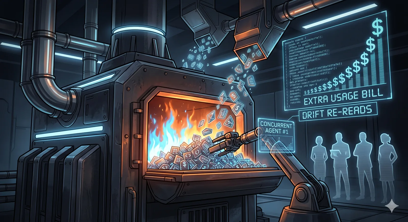 Surreal token furnace illustration showing AI usage, compute heat, and context being burned as fuel.